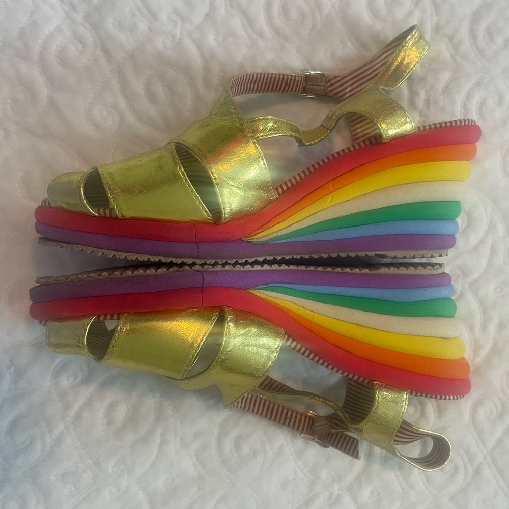 Miss L Fire Rainbow Metallic Gold Platform Wedge Sandals 39 8 8.5